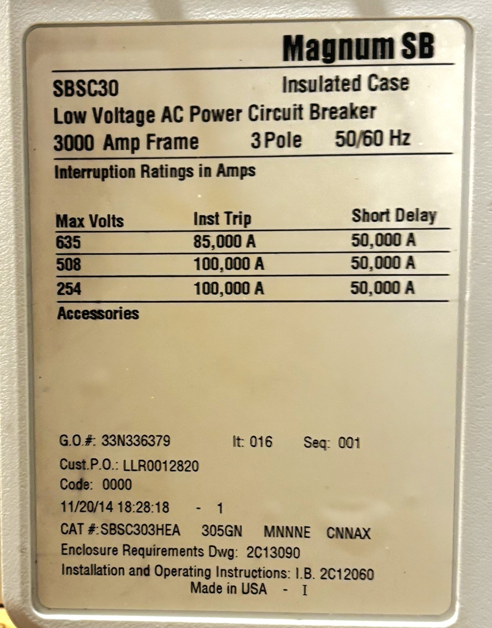 Eaton SBSC303HEA Magnum Circuit Breaker – 3000A, 3 Pole, 600VAC, Digitrip 520, Rear Connect