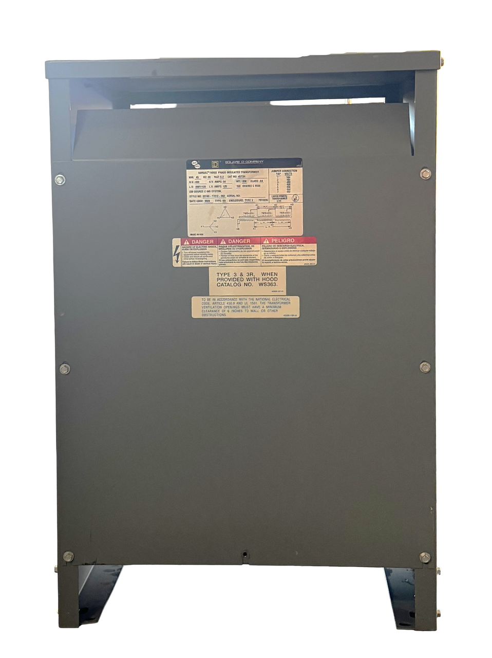Square D 45T3H Transformer | 45kVA | 3-Phase | 480V Primary | 208Y/120V Secondary | 150°C Rise | NEMA 2 | Sorgel