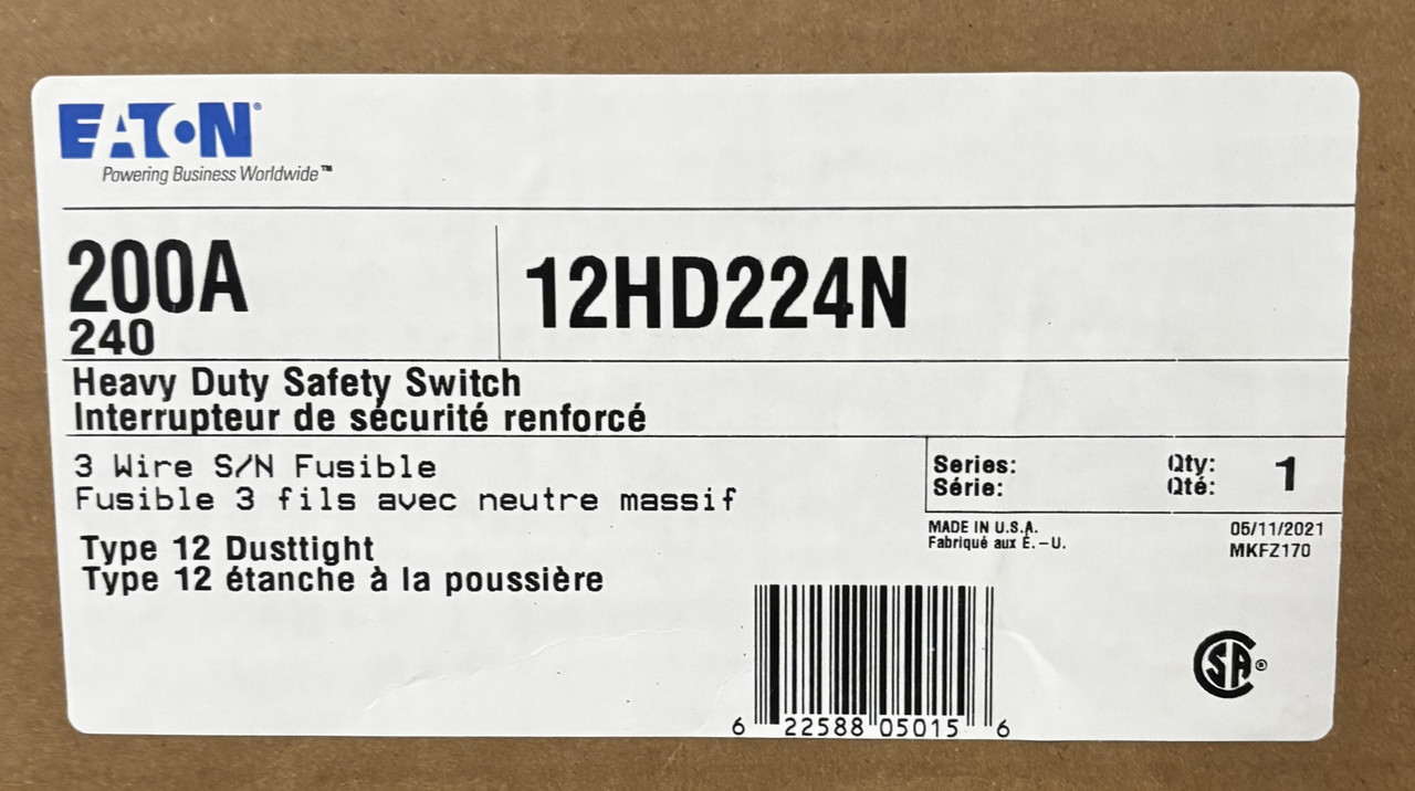 Eaton 12HD224N Fusible Disconnect | 200A | 2-Pole | 120/240V | Type 12 Enclosure | Heavy Duty Safety Switch Eaton 12HD224N Fusible Disconnect | 200A | 2-Pole | 120/240V | Type 12 Enclosure | Heavy Duty Safety Switch