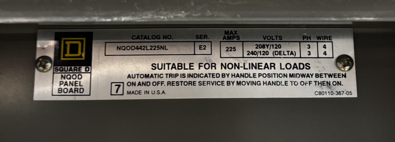 Square D NQOD442L225NL 225A 208Y/120V 3PH Panelboard 42SP Cu Bus Main Lugs w/ NQODKA Main Breaker Kit NEMA 1