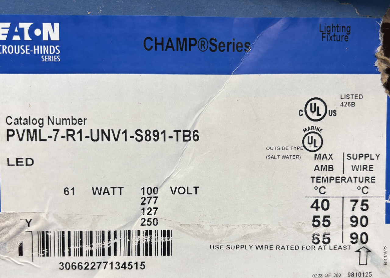 Eaton PVML-7-N-J-R1-UNV1-S891 Champ Pro PVML LED Fixture 175W HID Equivalent Eaton PVML-7-N-J-R1-UNV1-S891 Champ Pro PVML LED Fixture 175W HID Equivalent