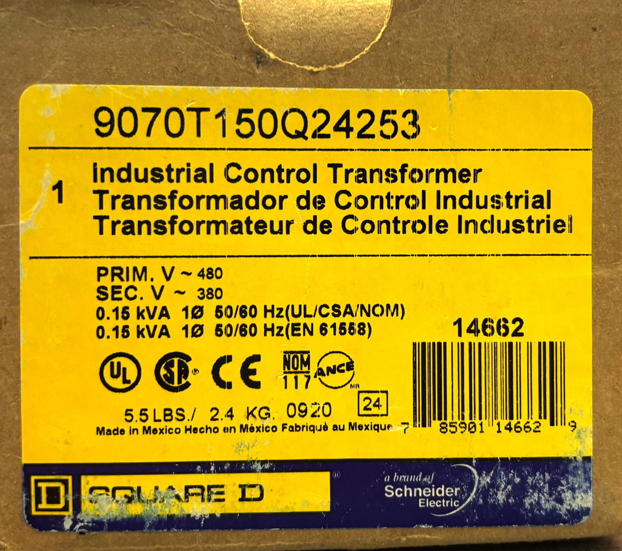 Square D 9070T150Q24253 Industrial Control Transformer – 480V Primary / 380V Secondary, 0.15kVA Square D 9070T150Q24253 Industrial Control Transformer – 480V Primary / 380V Secondary, 0.15kVA