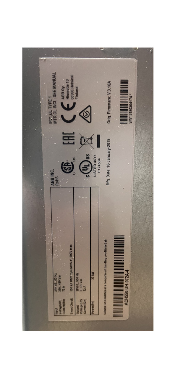 ABB ACH550-UH-072A-4 AC Drive 550 Series 3 Phase 50 HP 72A 308-480V ABB ACH550-UH-072A-4 AC Drive 550 Series 3 Phase 50 HP 72A 308-480V
