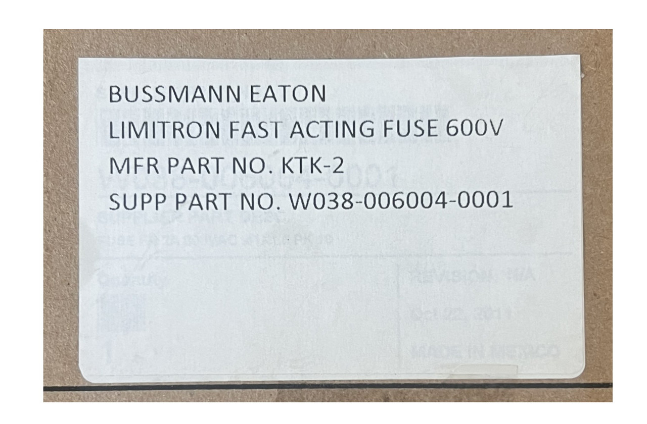 Bussmann KTK-2 Midget Fuse Fast-Acting 2A 600V AC Non-Indicating 100kA, Box of 10
