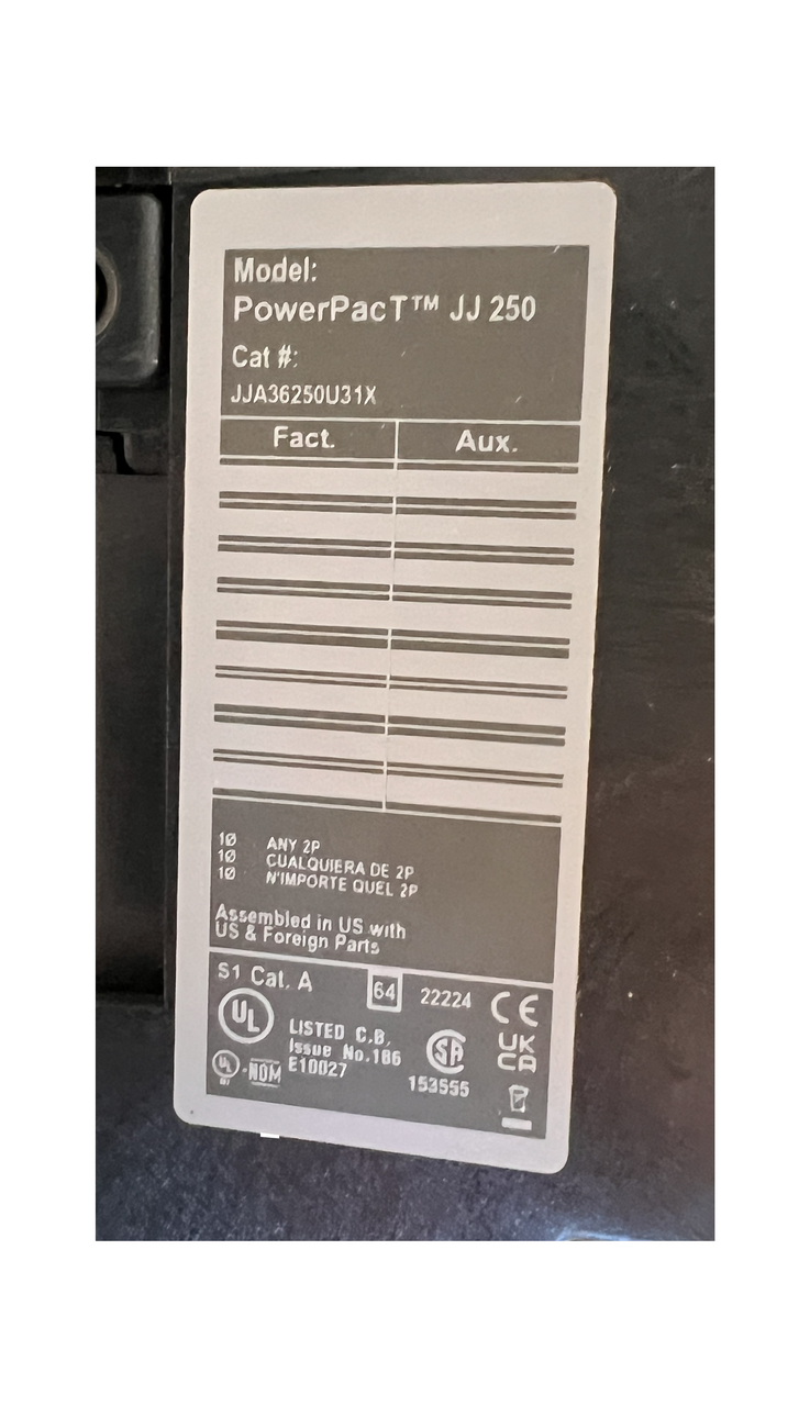 Square D PowerPacT J 250 A 3-Pole I-Line Circuit Breaker • 600 VAC • 25 kA • Micrologic 3.2 Trip Unit