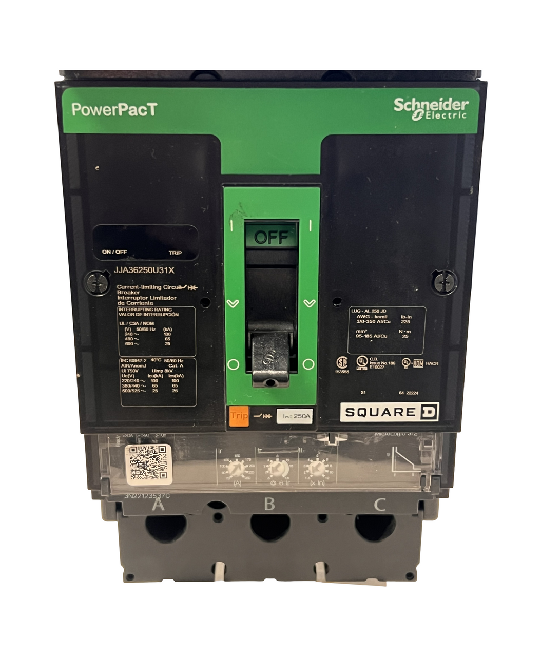 Square D PowerPacT J 250 A 3-Pole I-Line Circuit Breaker • 600 VAC • 25 kA • Micrologic 3.2 Trip Unit