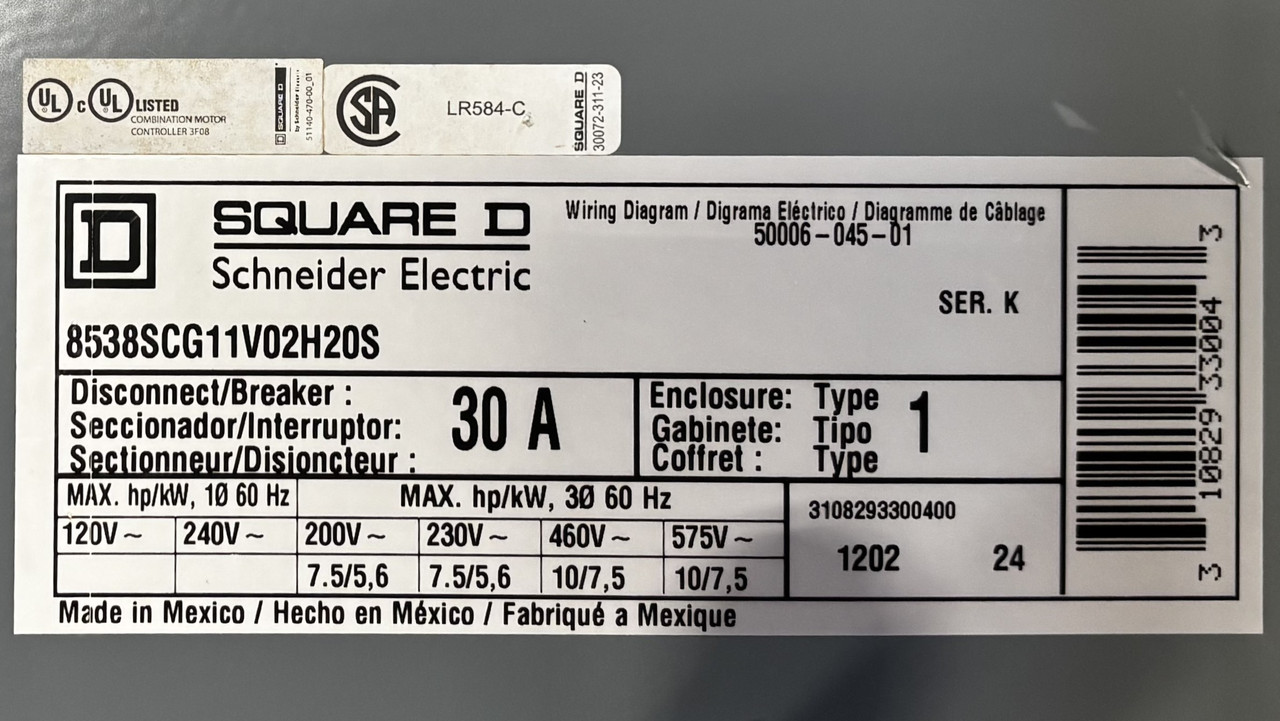 Square D 8538SCG11V02H20S Combination Motor Starter Type S – Non-Reversing, NEMA 1, 7.5–10 HP