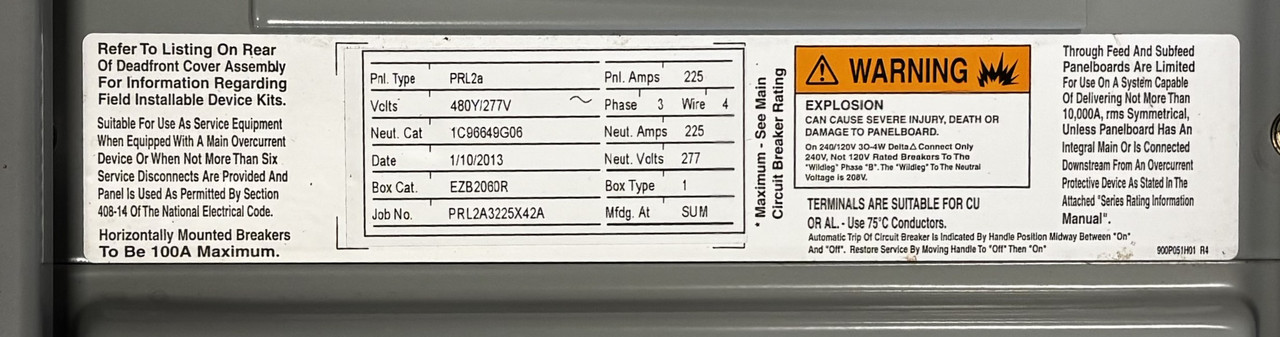 Eaton Pow-R-Line PRL2A Panelboard – 225A 480Y/277V 3 Phase 4 Wire Convertible to Main, 42 Spaces
