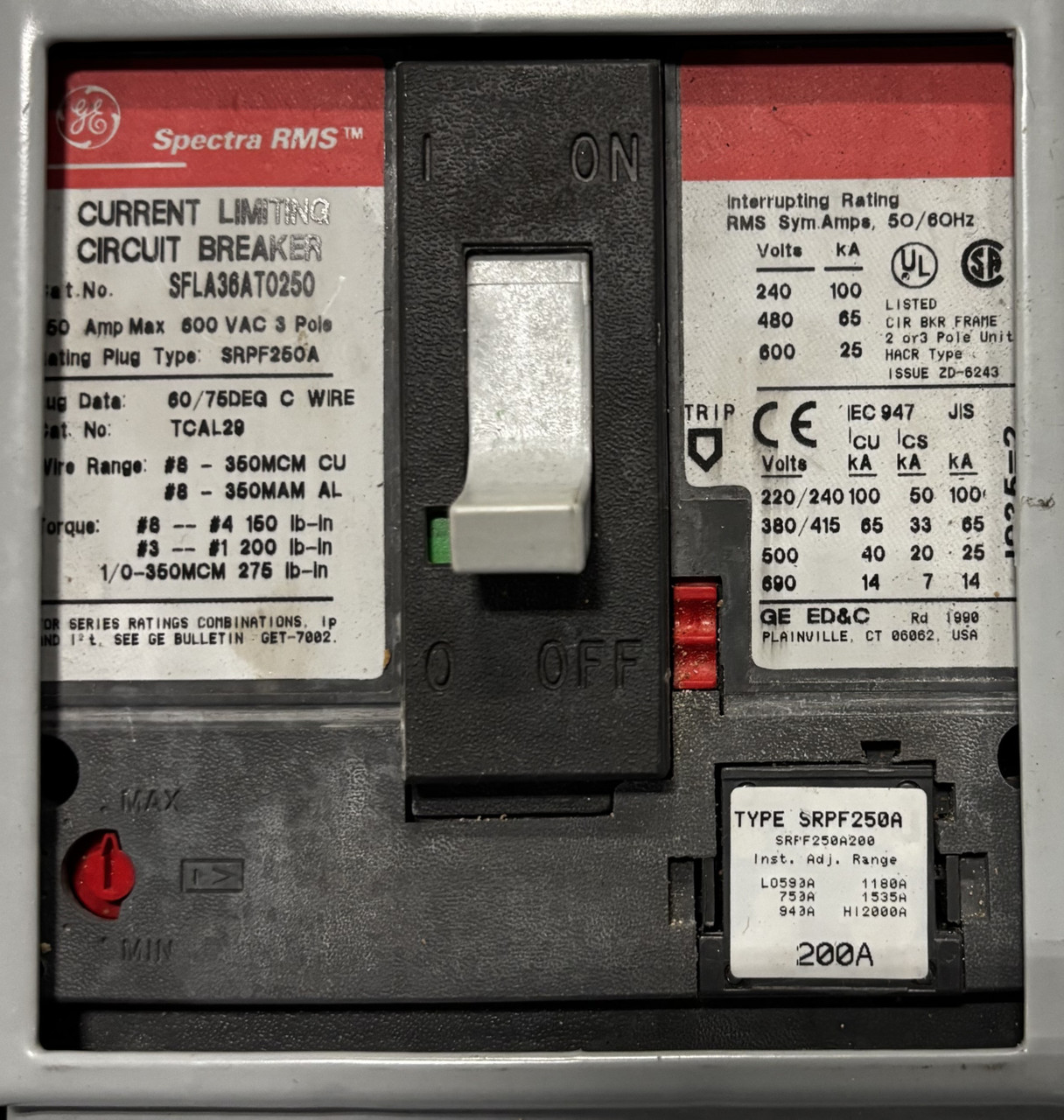 GE APN Spectra Series Main Lug Panelboard – 1200A 277/480V 3 Phase 4 Wire Bottom Feed, with 6 Current Limiting Breakers & 1 Hi-Break Breaker