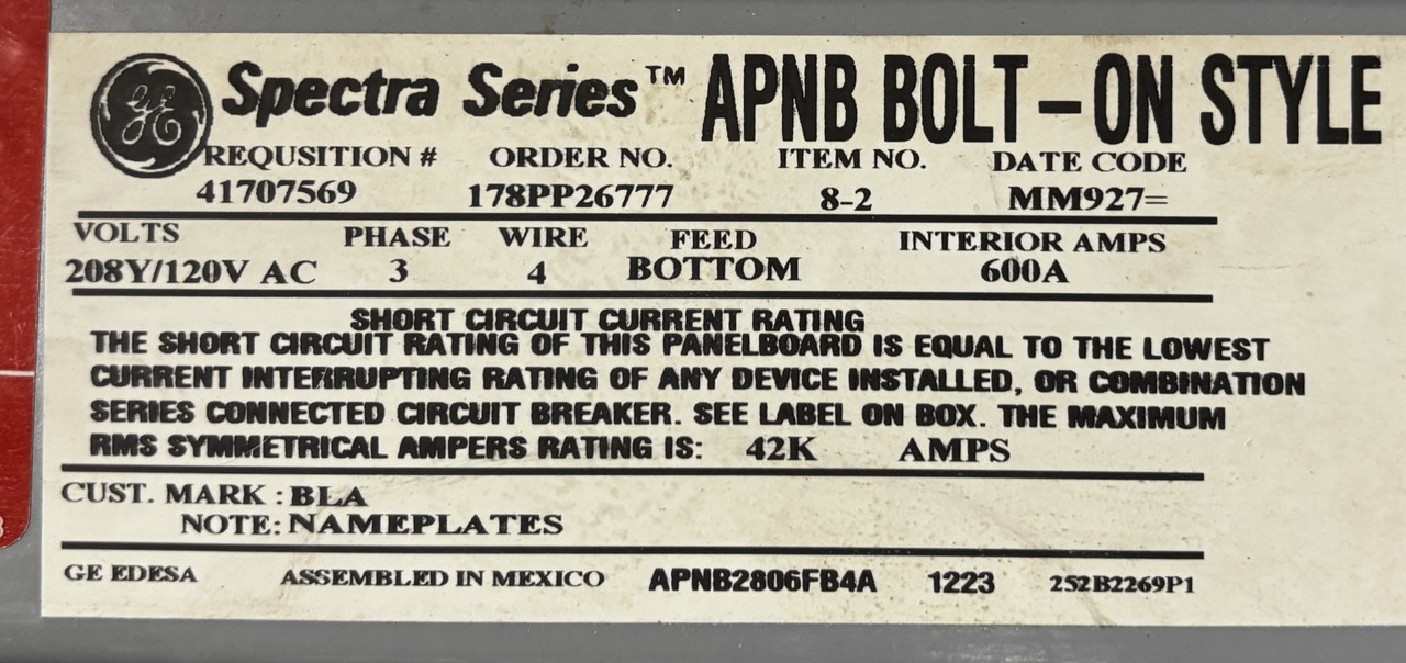 GE APNB2806FB4A Main Lug Panelboard – APNB Bolt-On Style 600A 208Y/120V 3 Phase 4 Wire Bottom Feed with 7 Two-Pole and 16 One-Pole Breakers