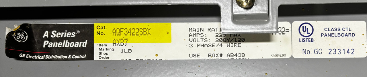 GE AQF3422SBX Main Lug Panelboard – 225A, 42 Circuits, 208Y/120V, 3 Phase, NEMA 1 Indoor