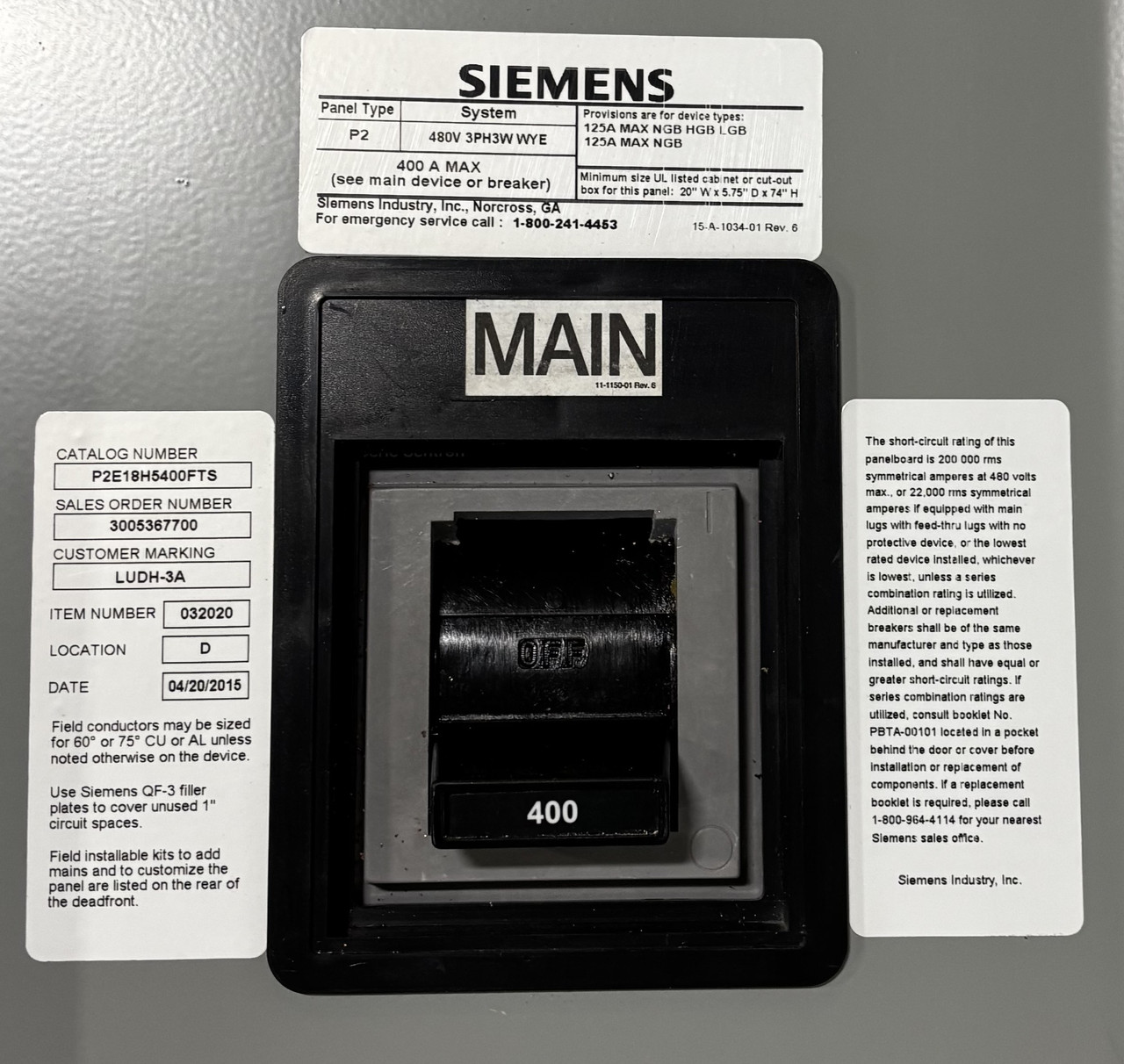 Siemens P2E18H5400FTS Main Breaker Panelboard 400A, 480V, 3 Phase, 3 Wire, Type P2 – Includes 400A, 250A & 30A Breakers