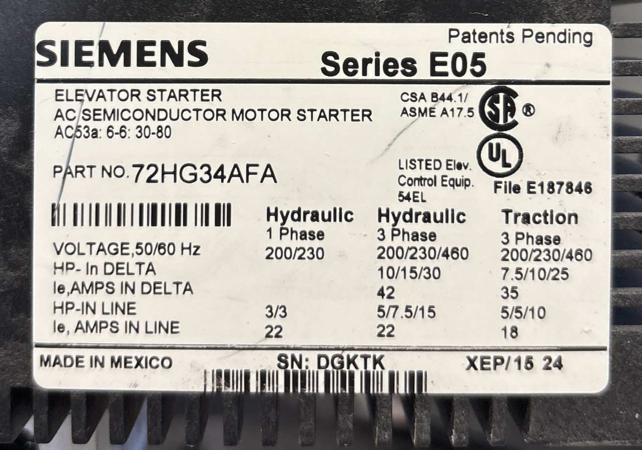 Siemens 72HG34AFA AC Semiconductor Elevator Soft Starter – 3-Phase, E05 Series, 22A – For 200V / 230V / 460V Systems