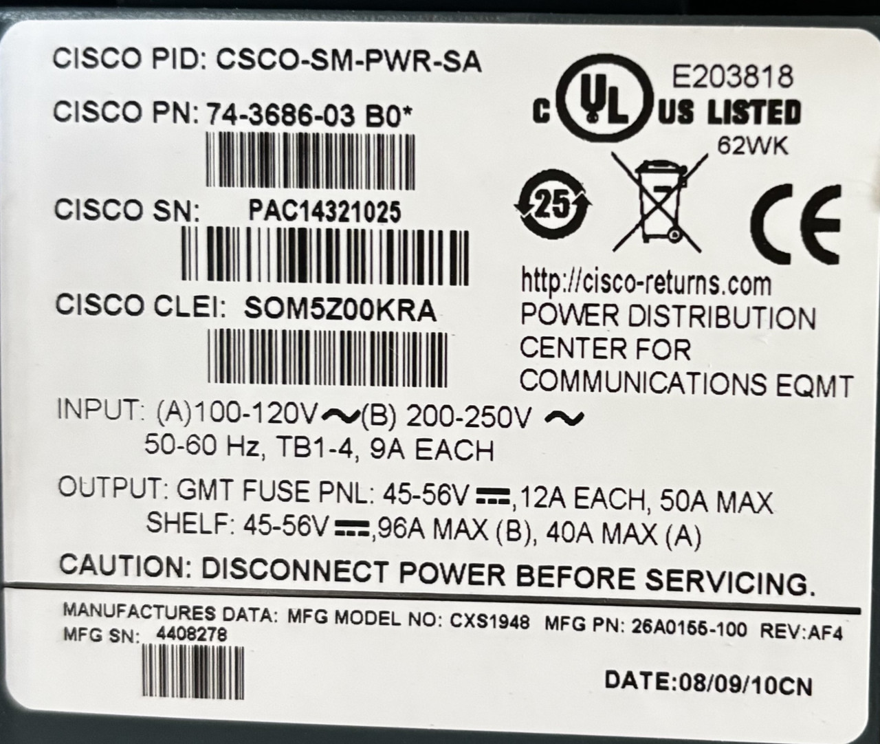 Cisco CSCO-SM-PWR-SA AC/DC Power System Shelf with 2 XR1648 Rectifiers