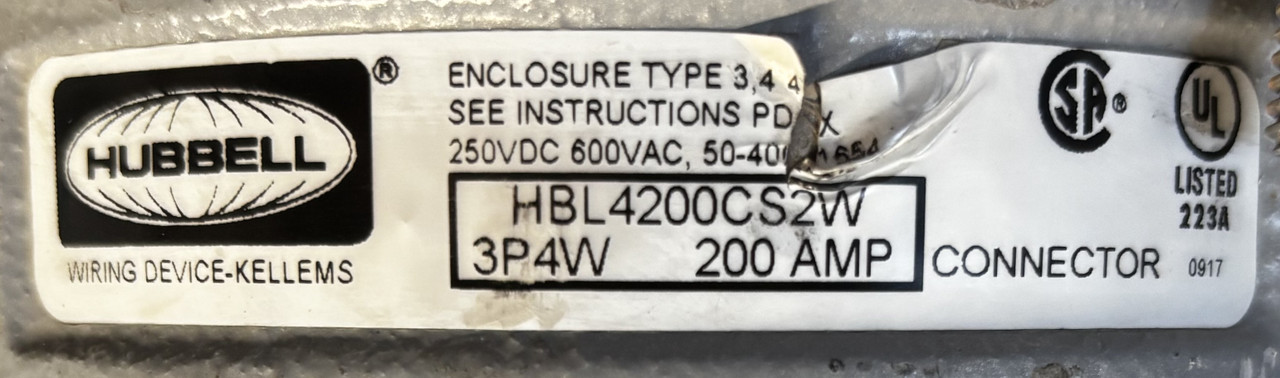 Hubbell HBL4200CS2W 200A 600VAC/250VDC 3-Pole 4-Wire Pin & Sleeve Connector – IP67 Watertight