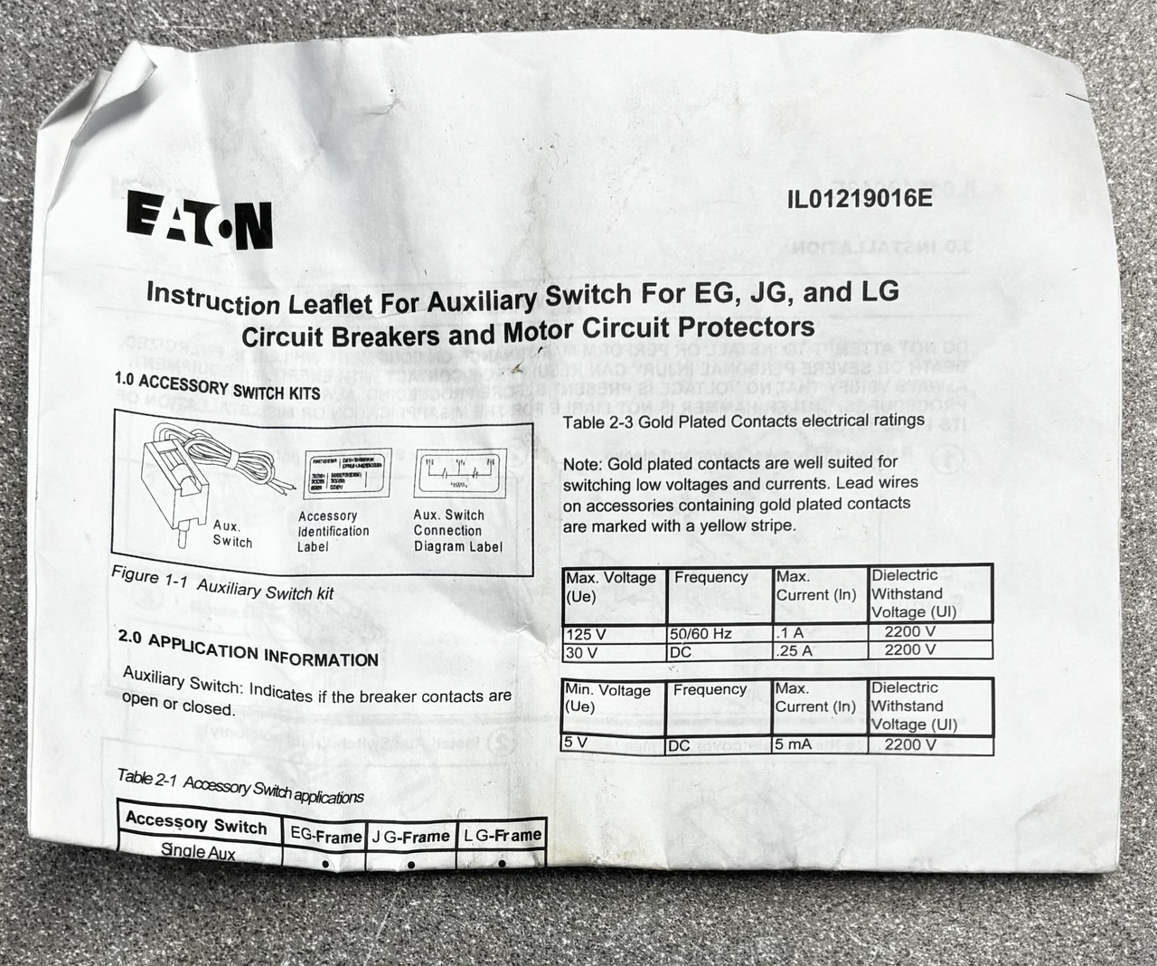 Eaton AUX2A2BPK Auxiliary Switch 2A-2B for G Series Molded Case Circuit Breakers