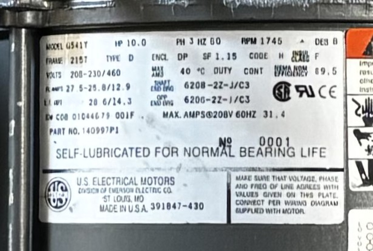 US Motors 140997P1 10HP 3-Phase Electric Motor 208-230/460V Reversible 215T Frame