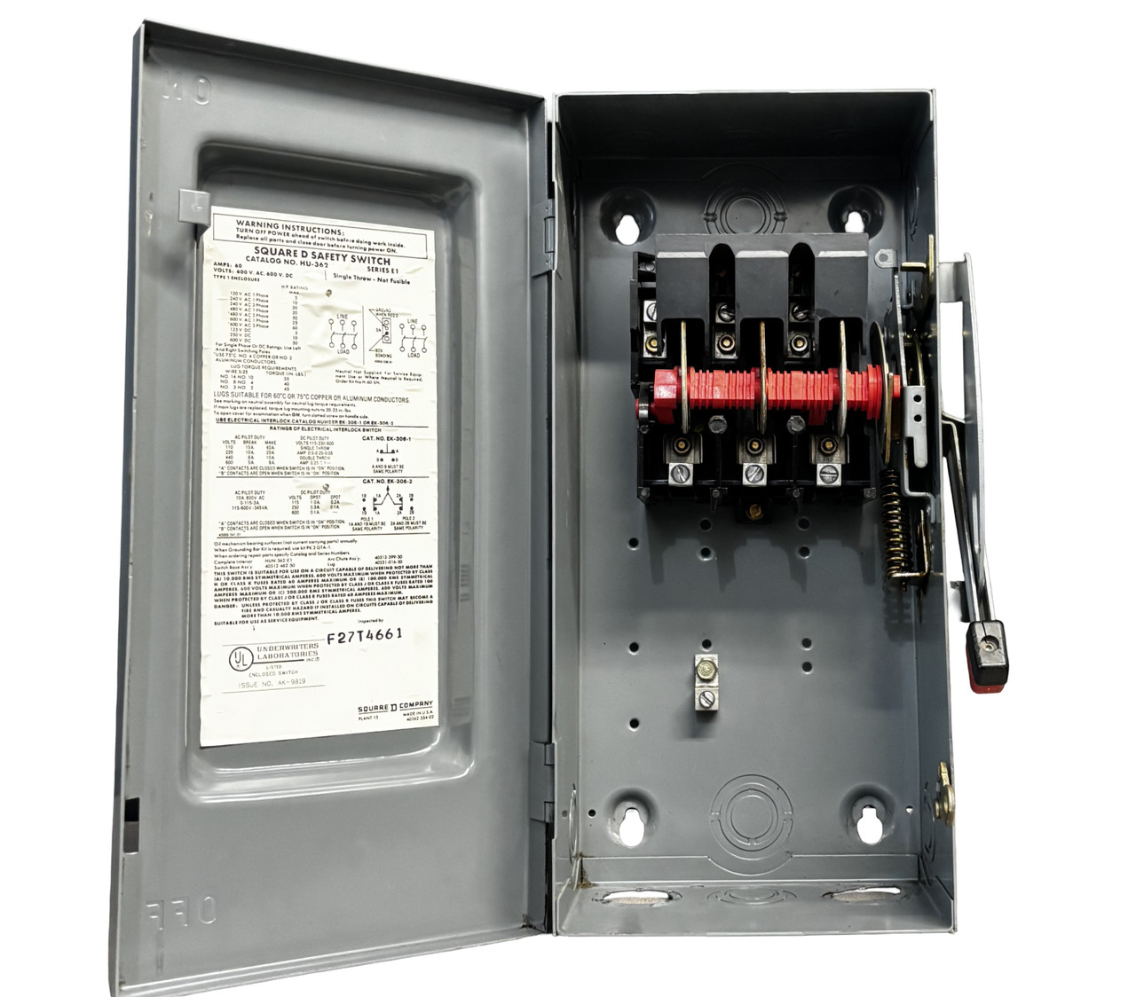Square D HU-362 Non-Fusible Heavy-Duty Disconnect 60A 3-Pole 600V AC/DC NEMA 1