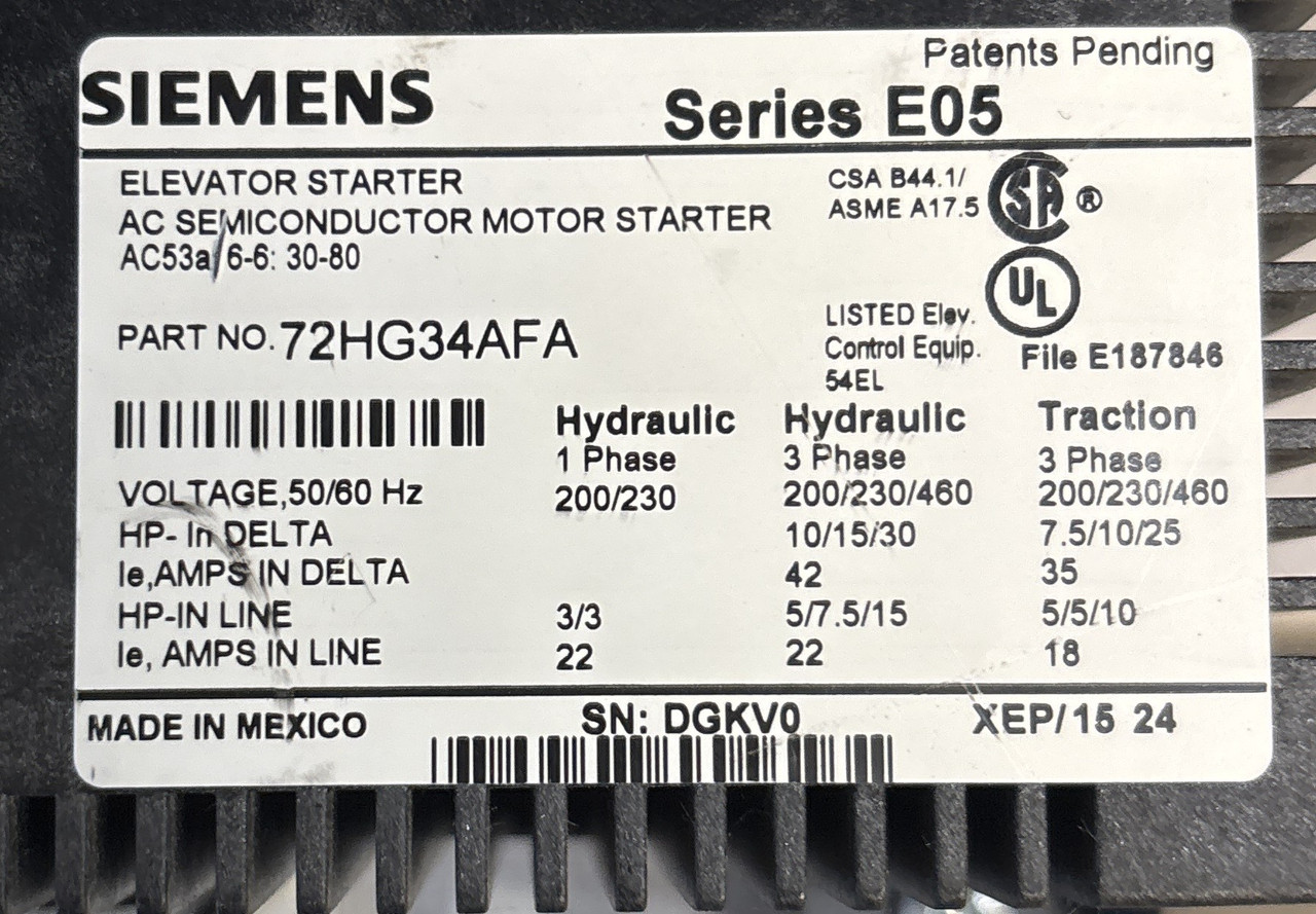Siemens 72HG34AFA AC Semiconductor Elevator Soft Starter – 3PH, E05 Series, 22A – For 200V / 230V / 460V Systems