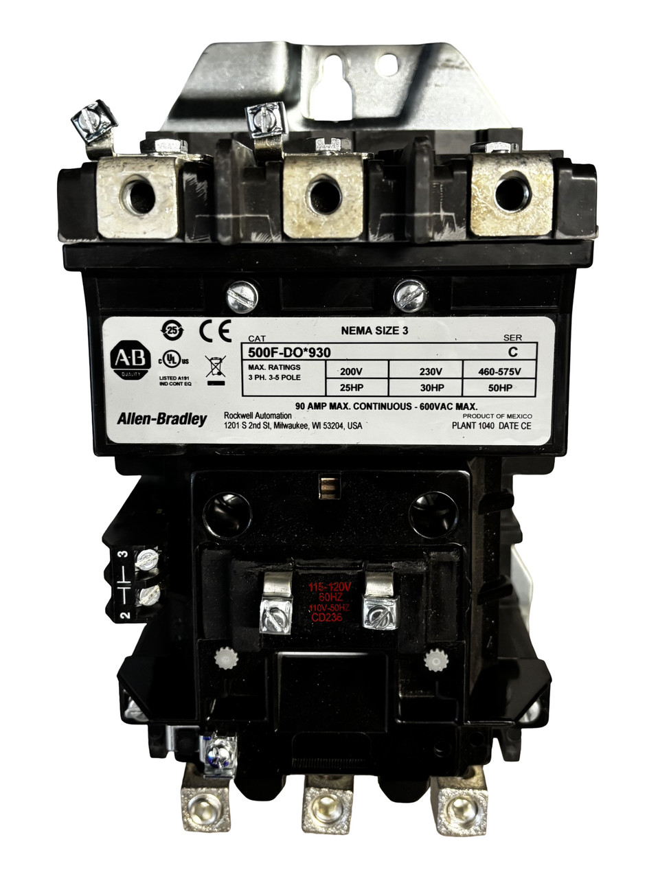 Allen-Bradley 500F-DO*930 NEMA Size 3 AC Contactor – 90A, 600V, 3-Pole | 500F-DOD930