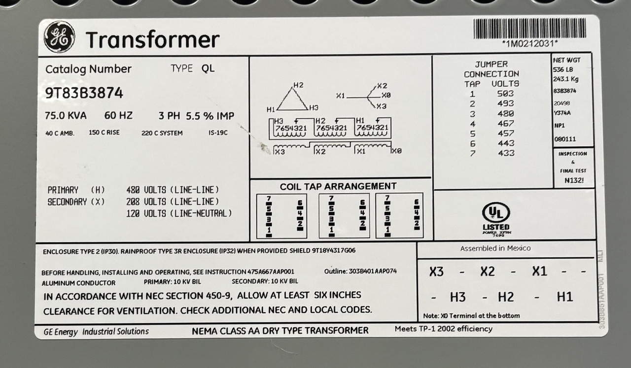 GE 9T83B3874 | 75 kVA 3-Phase Type QL Dry-Type Transformer | 480V to 208Y/120V