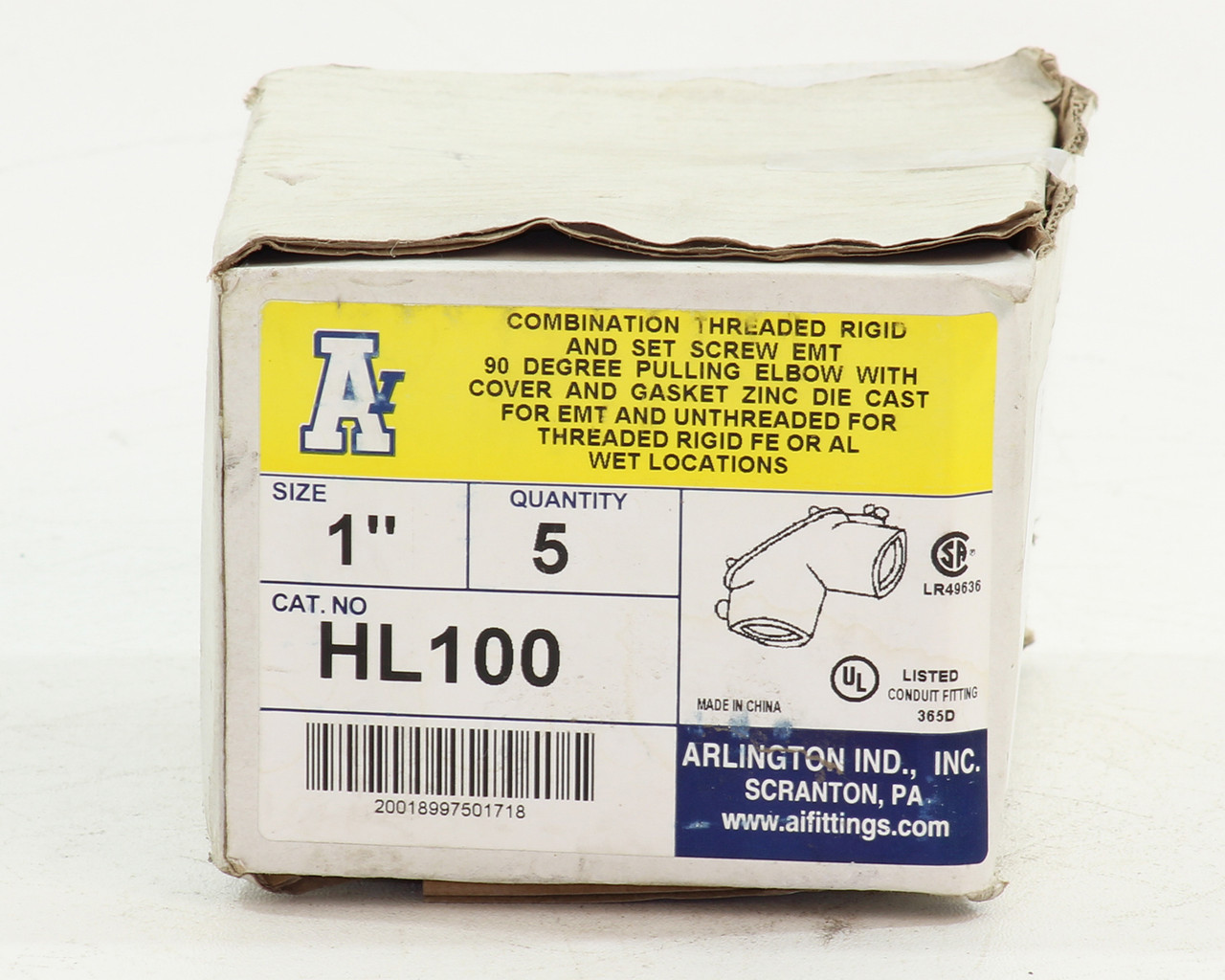 Arlington HL100 Pulling Elbow Zinc Die Cast 1 Inch W/Cover and Gasket Rigid/EMT