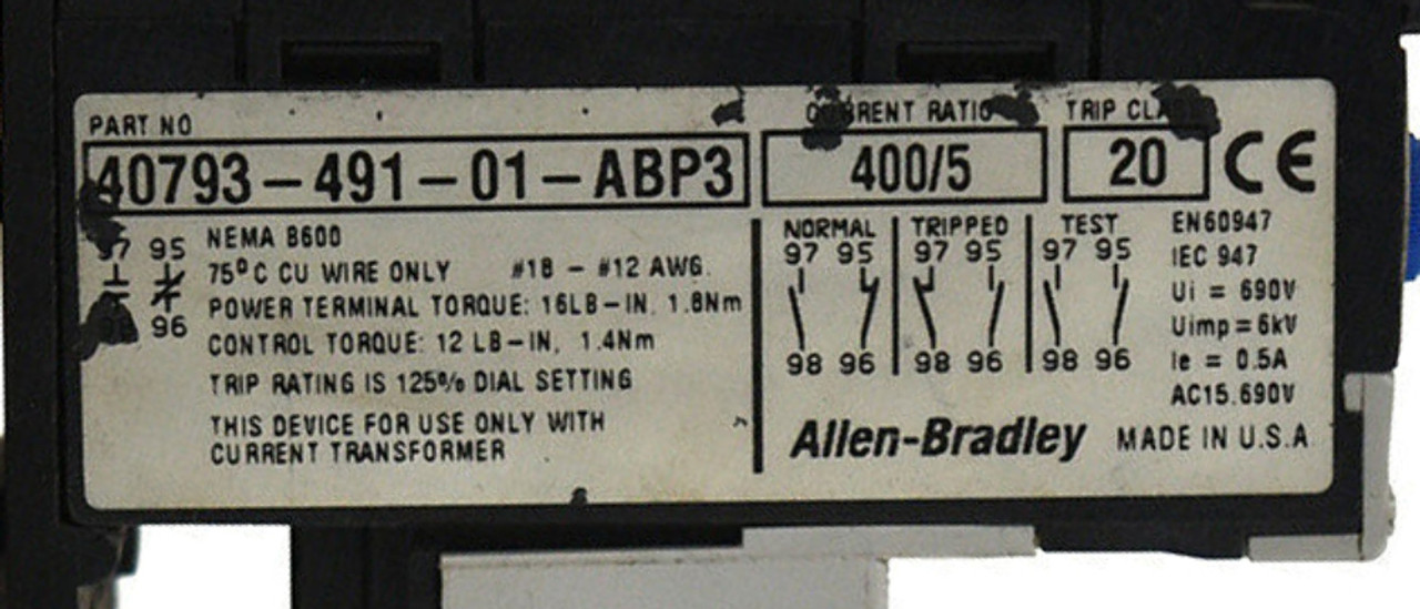 Allen-Bradley 193-A5P6 Overload Relay 128-400A 3P Current Ratio: 400/5, Automatic/Manual Reset 40793-491-01-ABP3