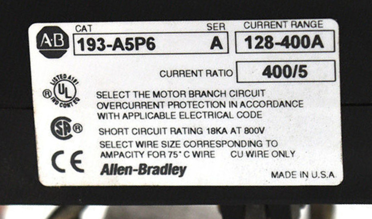 Allen-Bradley 193-A5P6 Overload Relay 128-400A 3P Current Ratio: 400/5, Automatic/Manual Reset 40793-491-01-ABP3