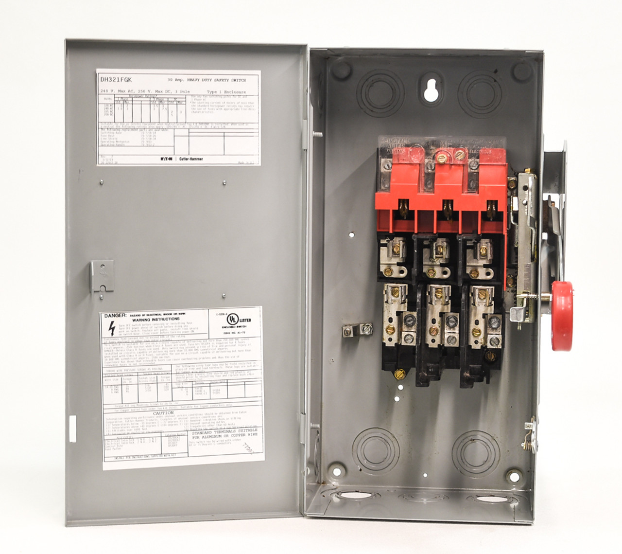 Eaton DH321FGK Fusible Disconnect 30A 240V 3P NEMA: 1 Fusible: Yes Heavy Duty Fusible Safety Switch Type 1 Enclosure