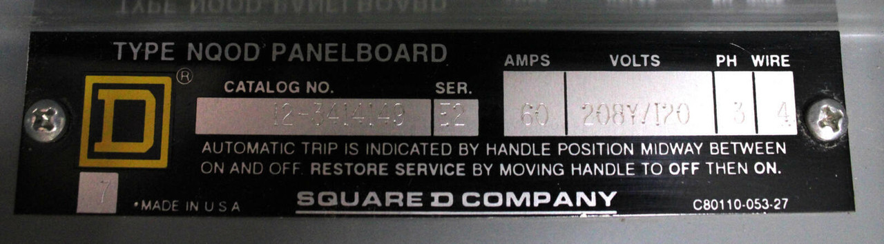 Square D NQOD 12-3414149 Main Breaker Panelboard 60A 208Y/120V NEMA: 1 D: 6 H: 31 W: 22 Number of Spaces: 30 3 PH, 4 Wires, Cover MHC29F, Enclosure MH29