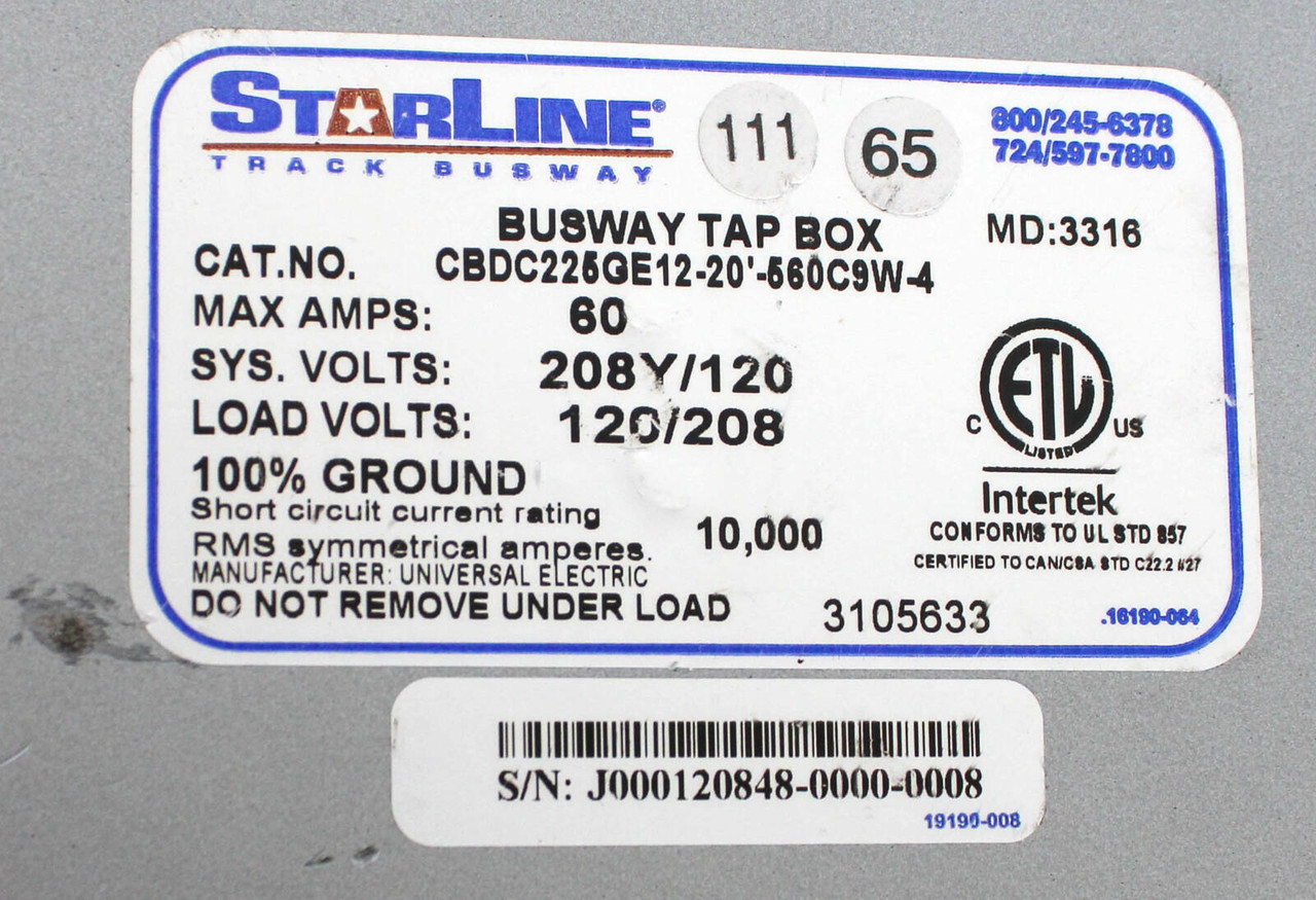 Starline CBDC225GE12-20'-560C9W-4 Busway Tap Box 60A 120V 10kA W/Breaker QOU360