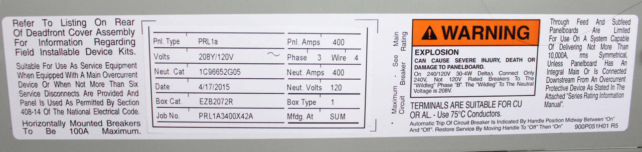 Eaton PRL1A3225X42A Panelboard 225A 208Y/120V 42-Space, 42-Circuits, Aluminum Bus, Breaker Type: BAB.