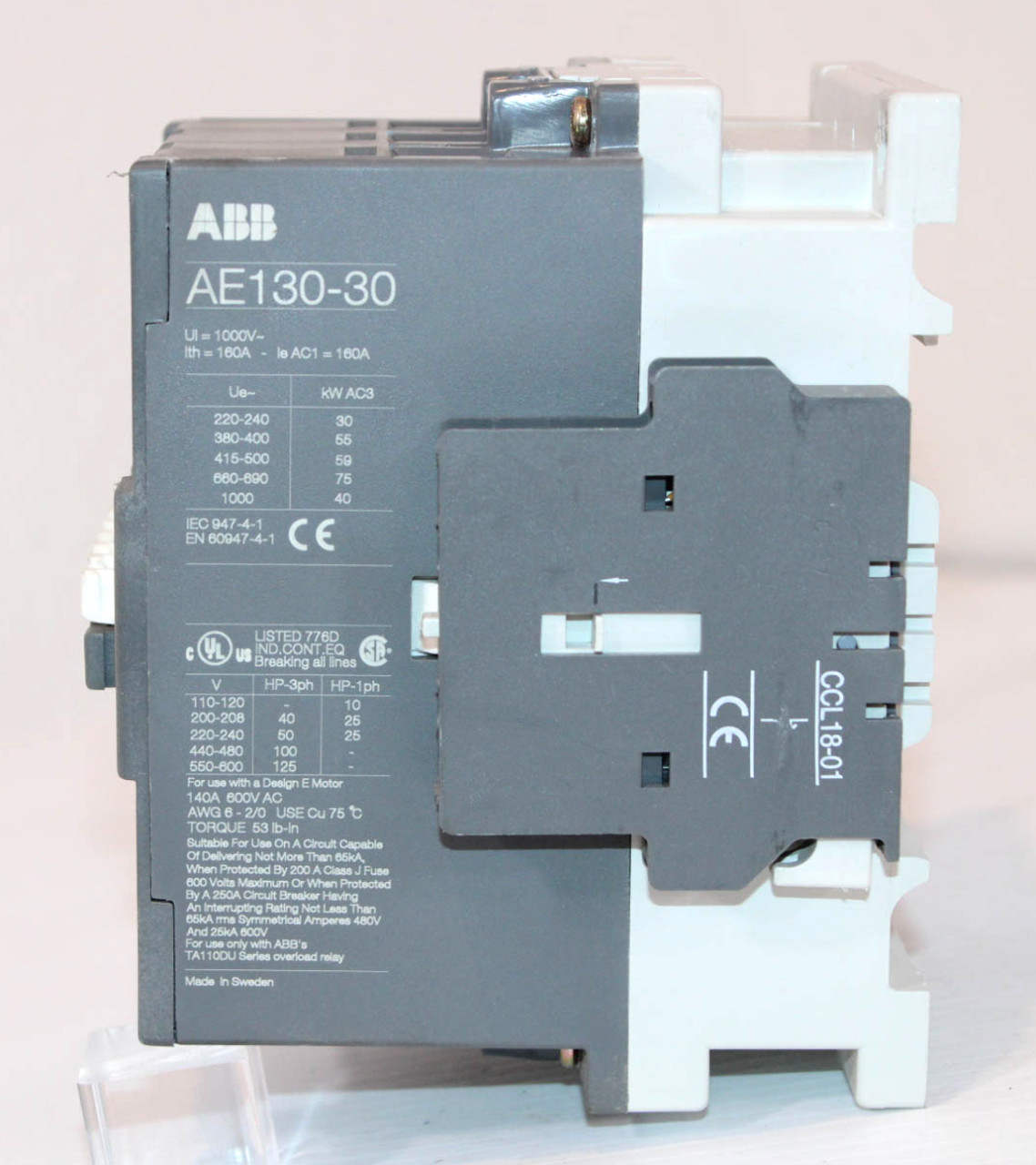 ABB AE130-30-11-81 Contactor 24V Coil w/Auxiliary CAL18-11 and CCL18-01