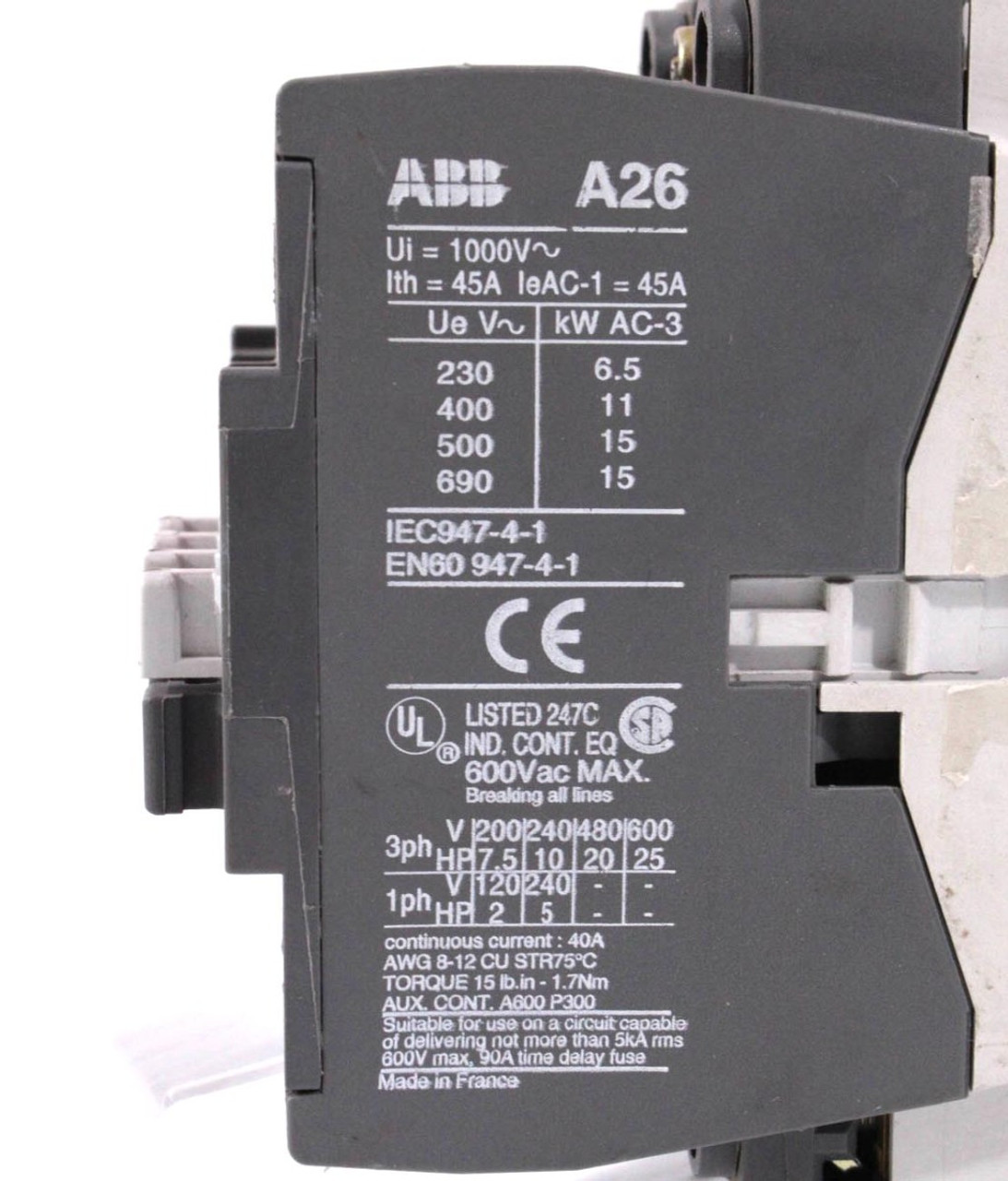 ABB A26-30-01-84 Contactor 40A 600V Coil 110-120V w/Auxiliary CAL5-11 Type A26