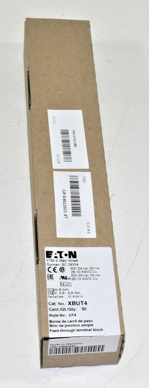 Eaton XBUT4 Feed Through Terminal Block 30A 600V 20-10AWG