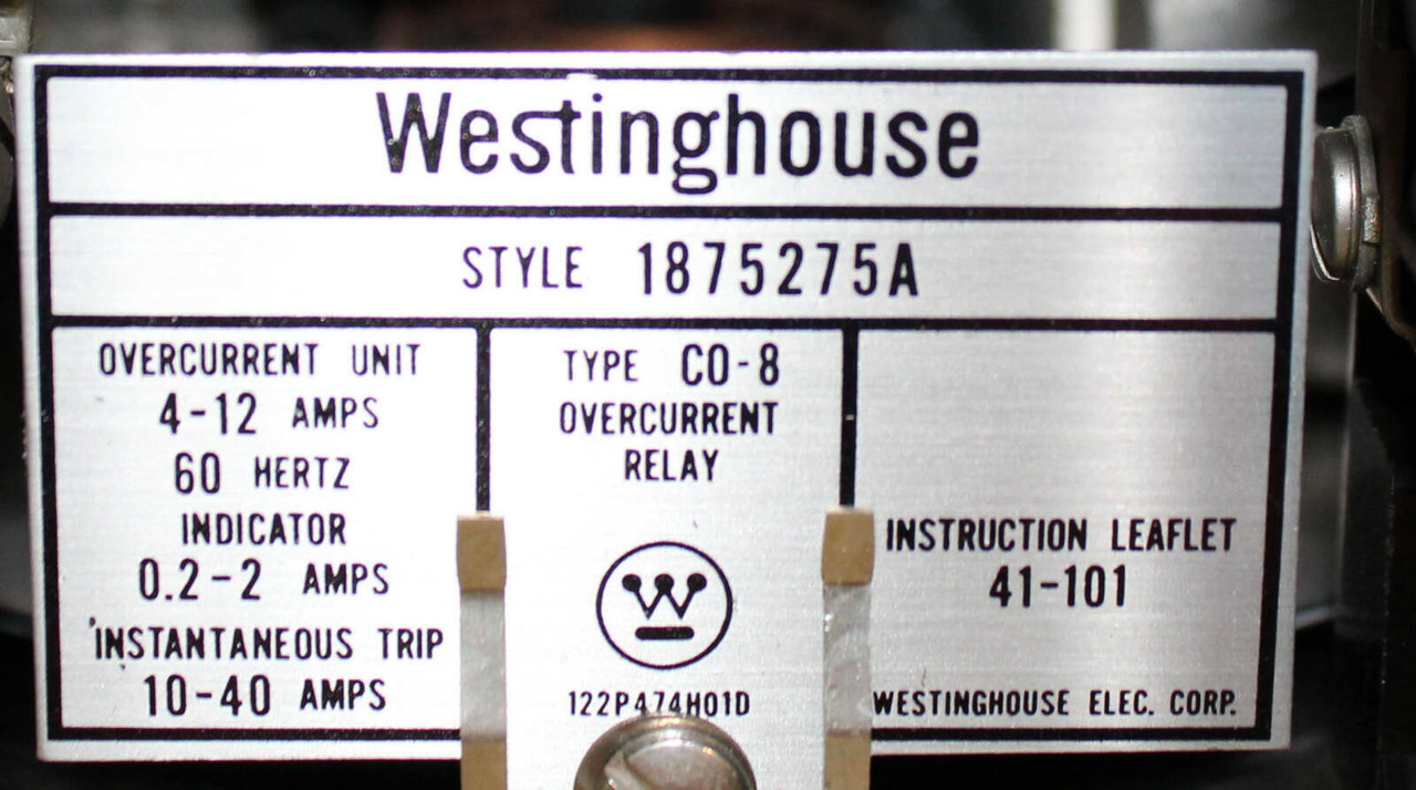 Westinghouse 1875275A Overcurrent Relay 4-12A 3P Indicator 0.2-2 Amps , Instantaneous Trip 10-40 Amps Type CO-8