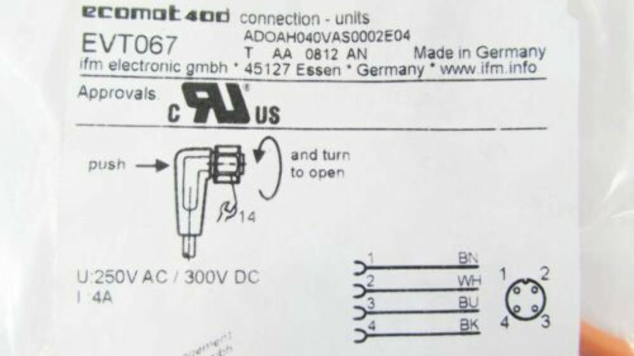 IFM Electronics EVT067 Female Receptacle Cordset Connection Unit 250V 4A