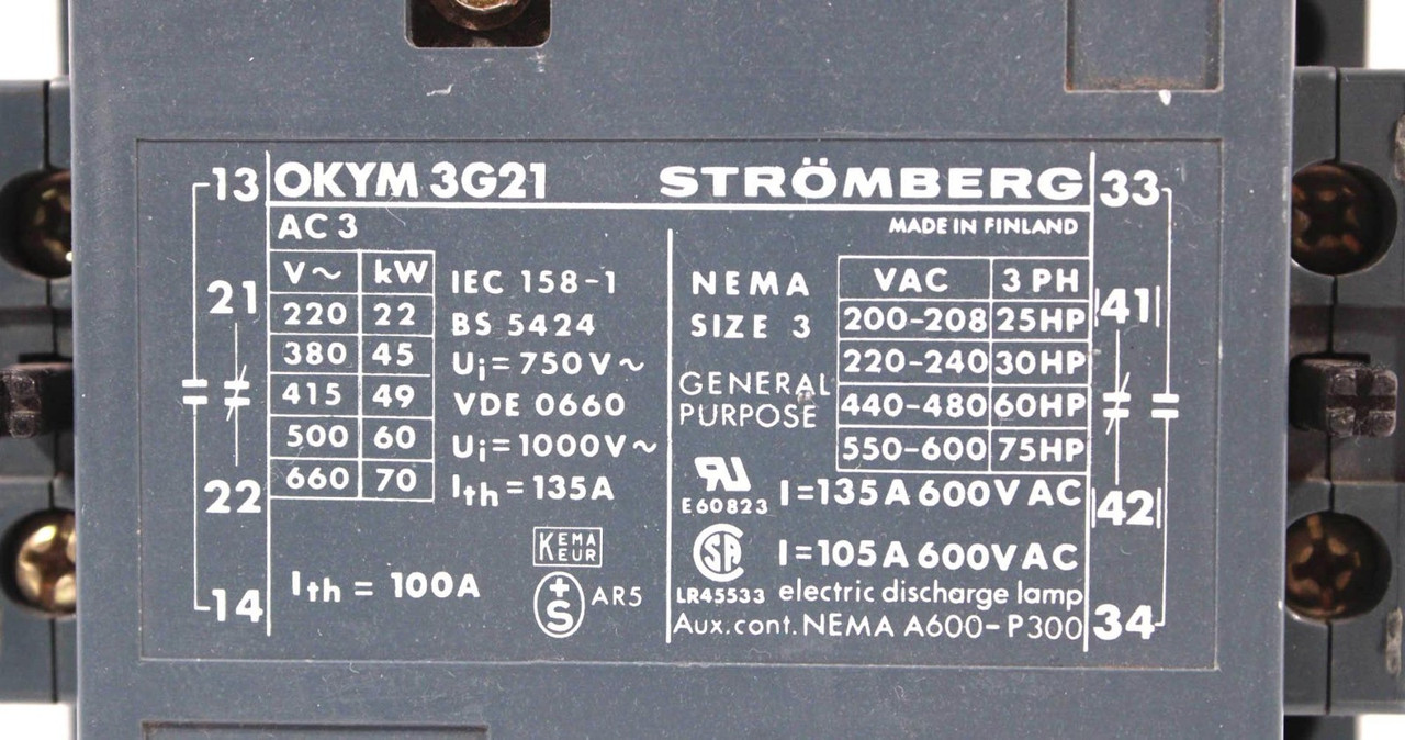 Stromberg OKYM 3G21 Contactor 135A 600V NEMA Size 3 125V Coil