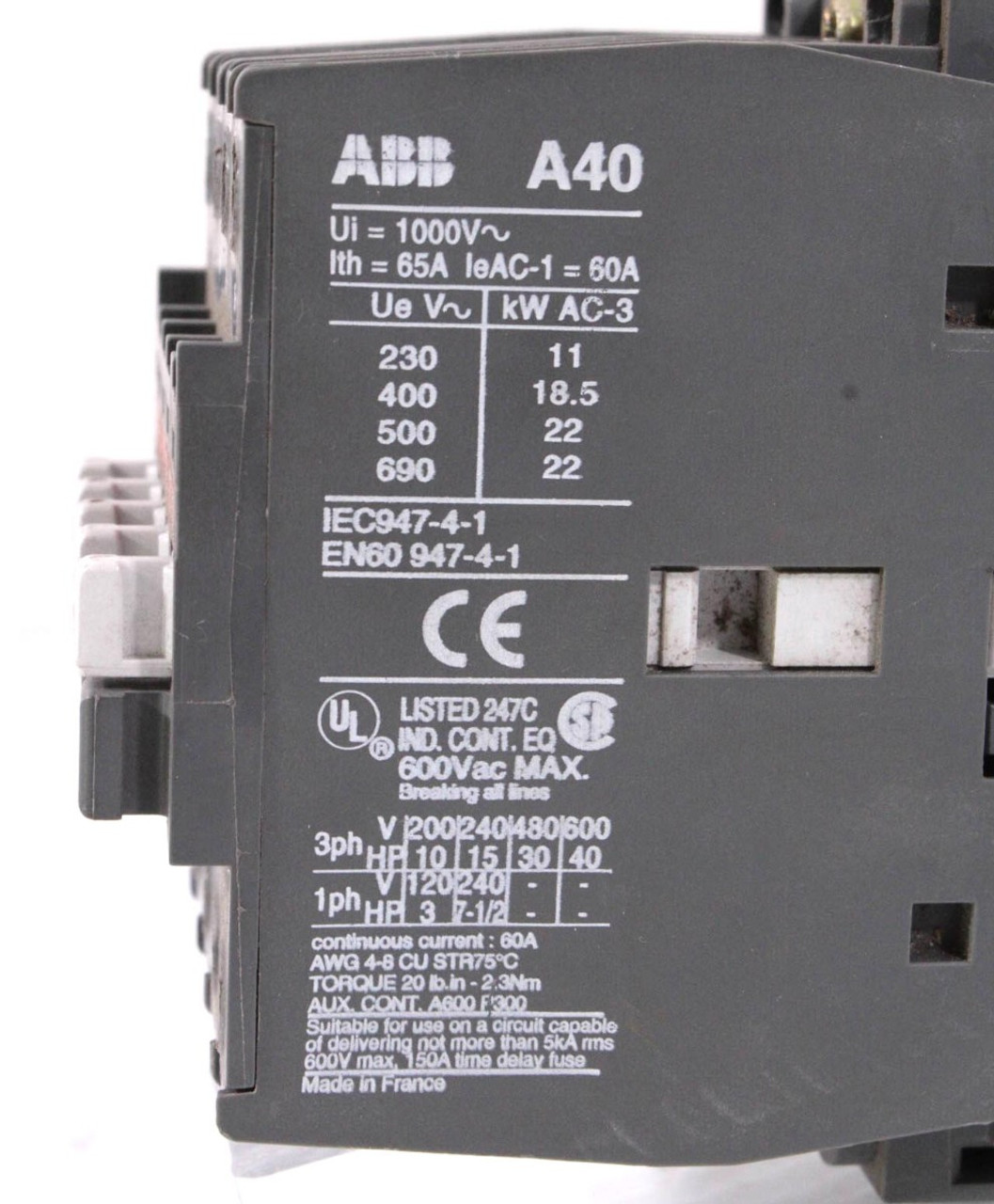 ABB A40-30-01-84 Contactor 60A 600V Coil 110-120V Type A40