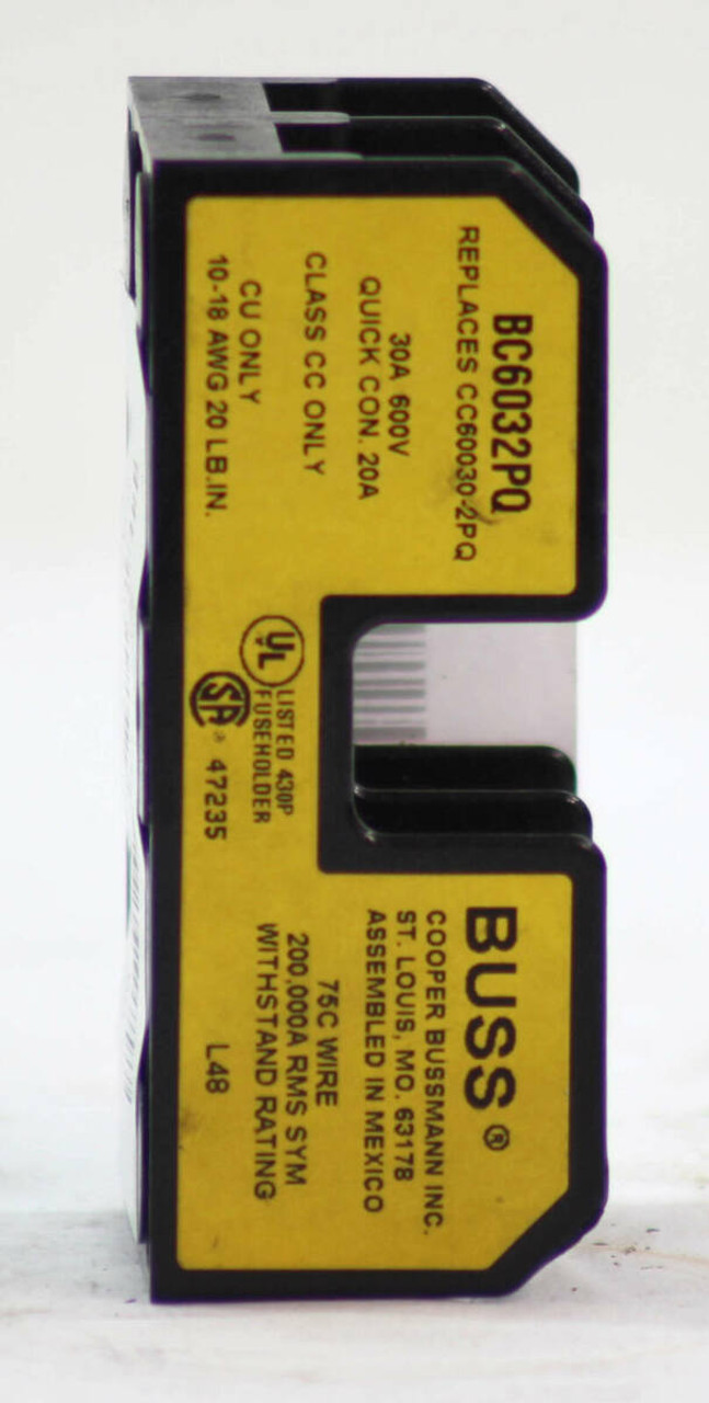 Eaton BC6032PQ BCM Modular Fuse Block 30A 600V 2P Fuse TypeClass CC Pressure Plate/Quick Connect