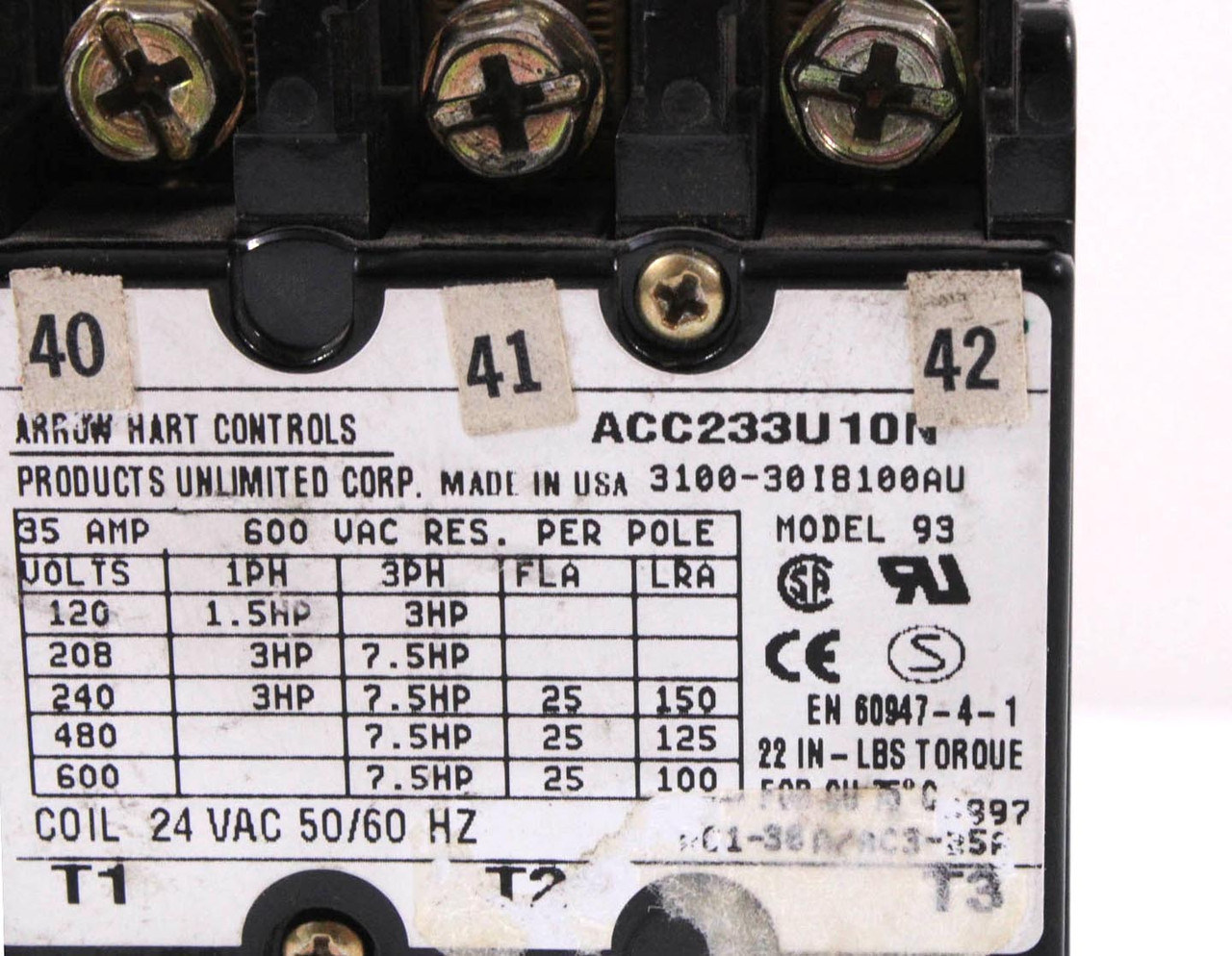 Arrow Hart ACC233U10N Contactor 35A 600V Coil 24V 50/60Hz Model 93