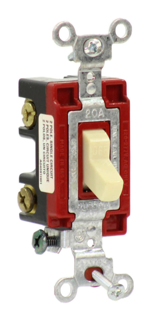 Hubbell CS1222I Toggle Switch 20A 120/277V Double Pole, Ivory, For Back and Side Wiring, Specification Grade, 1222I
