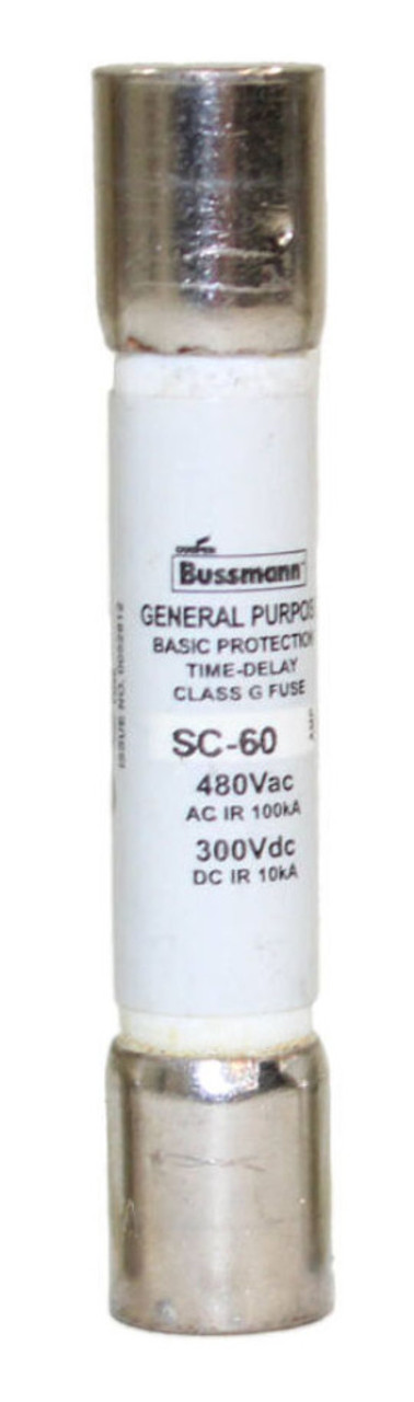 Bussmann SC-60 Time-Delay Class G Fuse 60A 480V Ferrule end x ferrule end, 12 sec at 200%, 10 kAIC at 300 Vdc|100 kAIC at 480 Vac