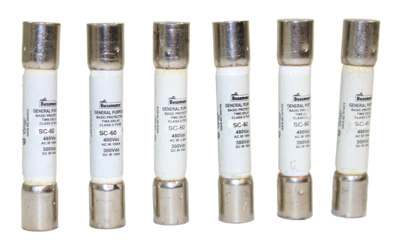 Bussmann SC-60 Time-Delay Class G Fuse 60A 480V Ferrule end x ferrule end, 12 sec at 200%, 10 kAIC at 300 Vdc|100 kAIC at 480 Vac