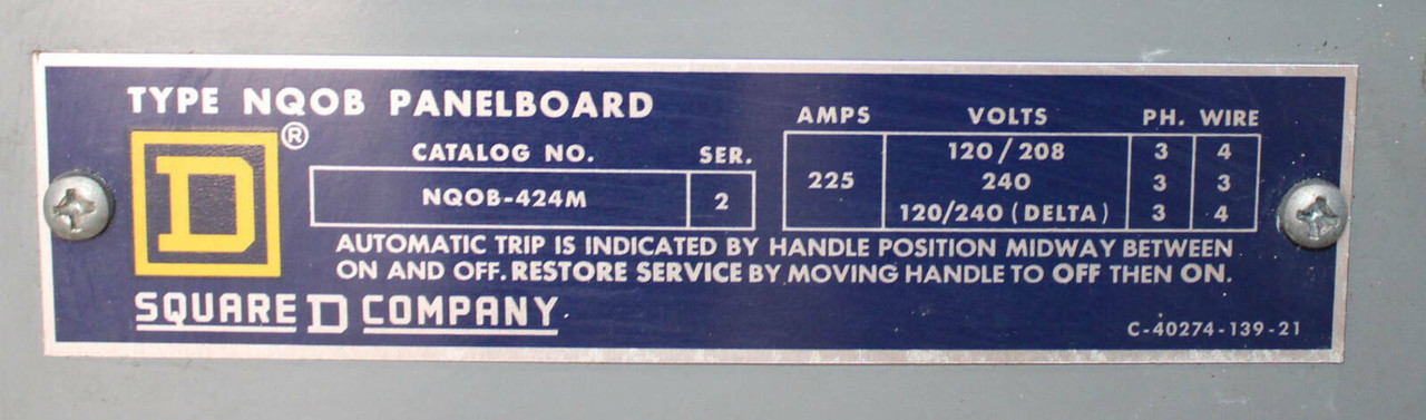 Square D NQOB-424M Main Circuit Breaker Panel Board 225A 120V/208V 3Ph