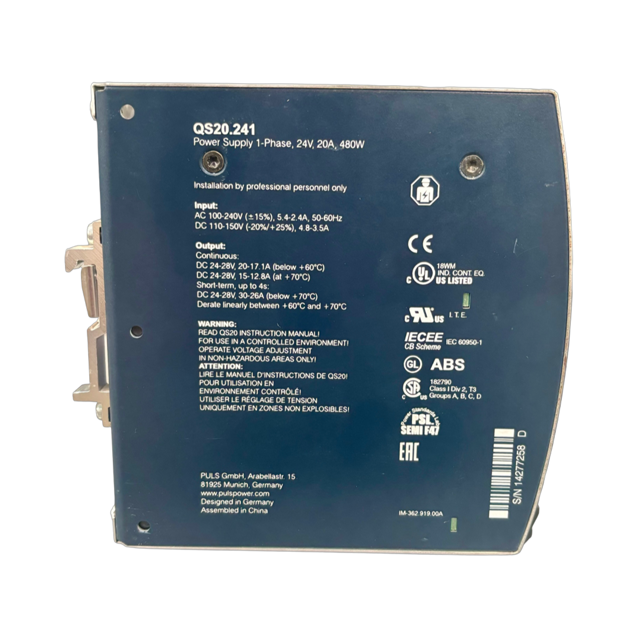 PULS QS20-241 Power Supply 20A 24V Input 100-240 AC Output 24-28 DC DIN rail power supplies for 1 phase system