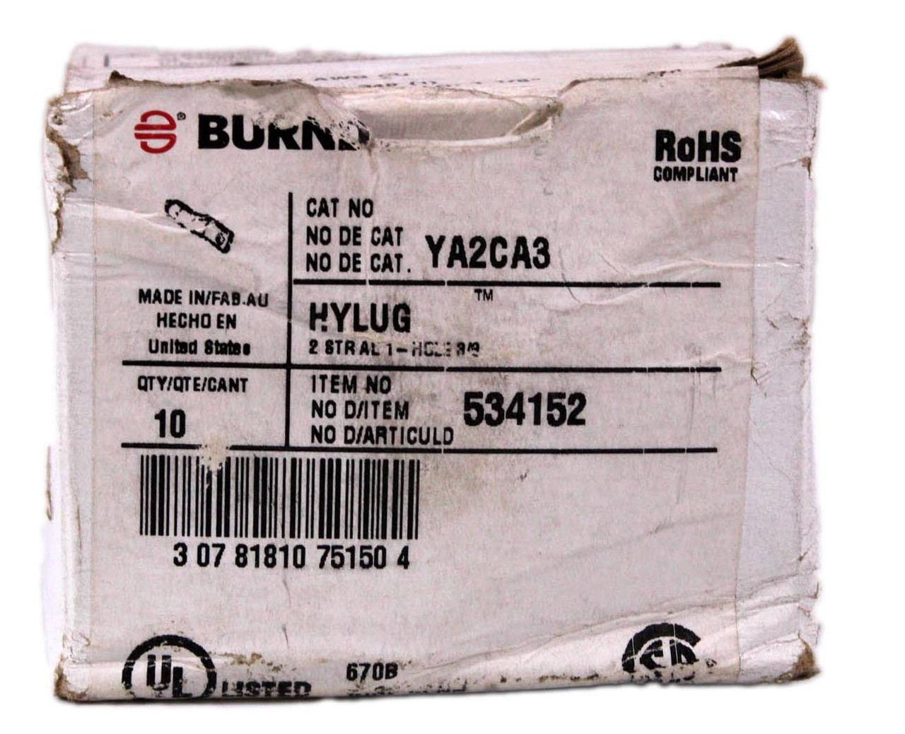 Burndy YA2CA3 Uninsulated Compression Terminal 2 AWG 1-Hole 3/8