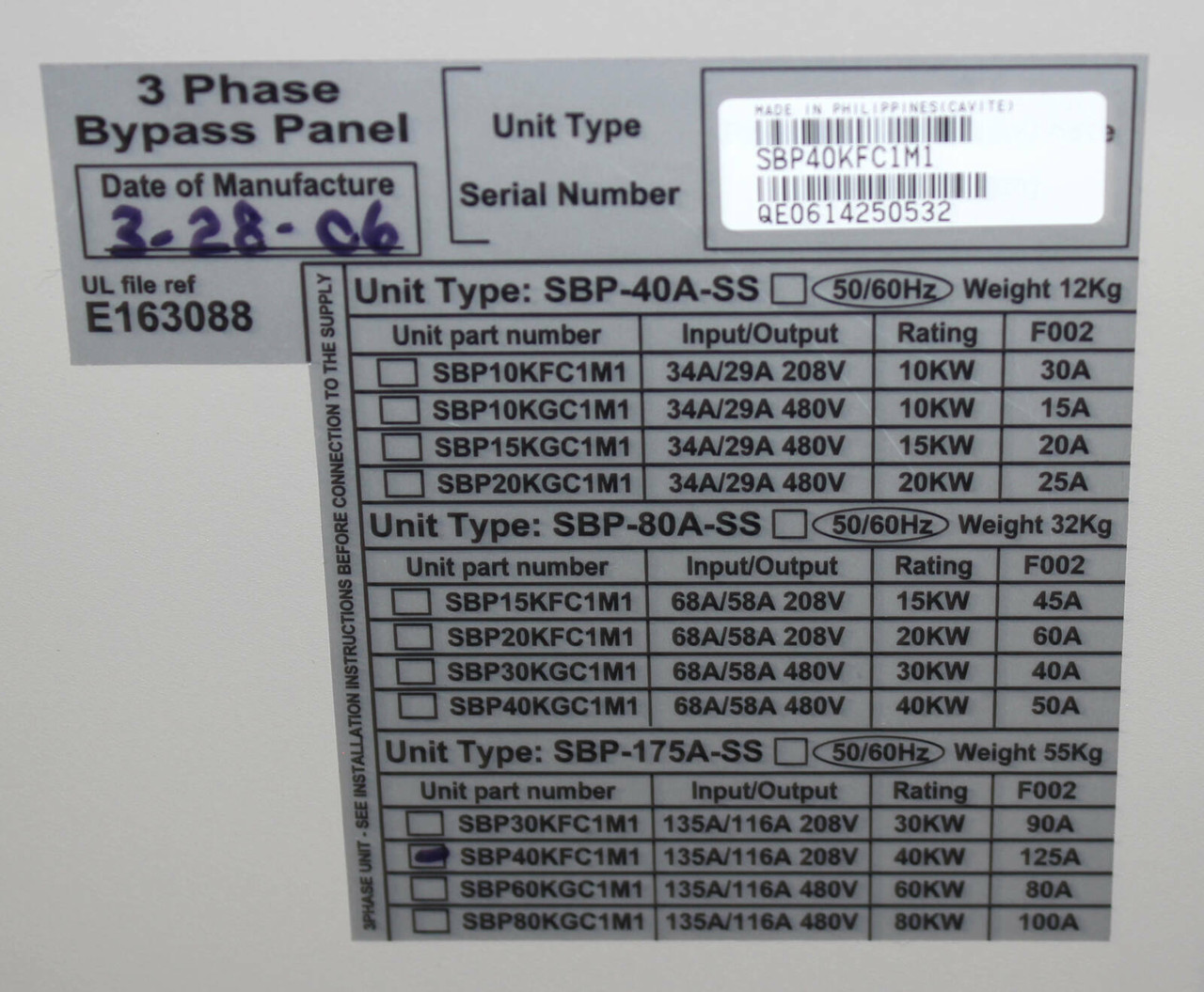 APC SBP40KFC1M1 Bypass Panel Input: 135A Output: 116A 208V 3 Phase