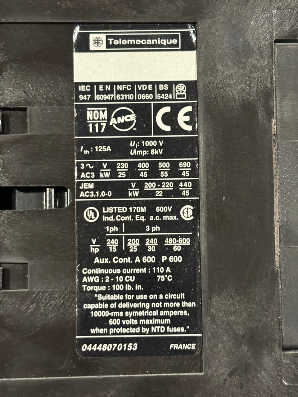 Telemecanique LC1 D9511 Contactor 110A 600V 3P Coil 120V 60Hz