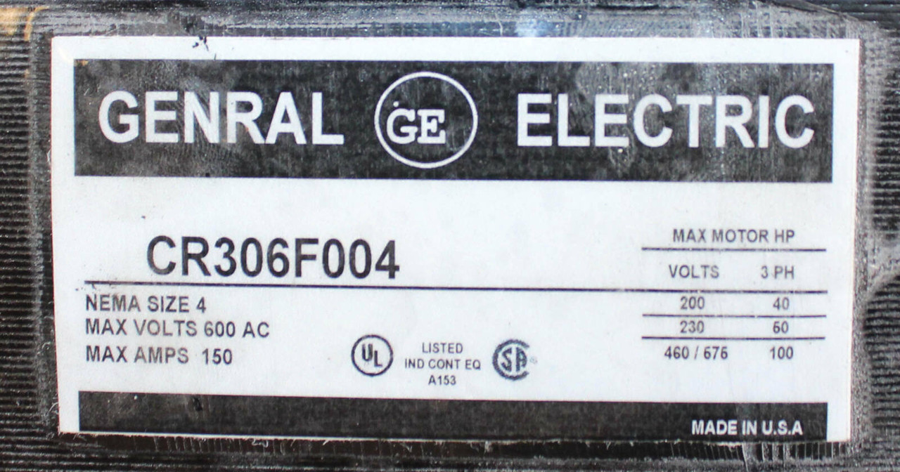 General Electric CR306F004 Magnetic Motor Starter 150A 600V NEMA: 4 110/120 V Coil AC Non-Reversing